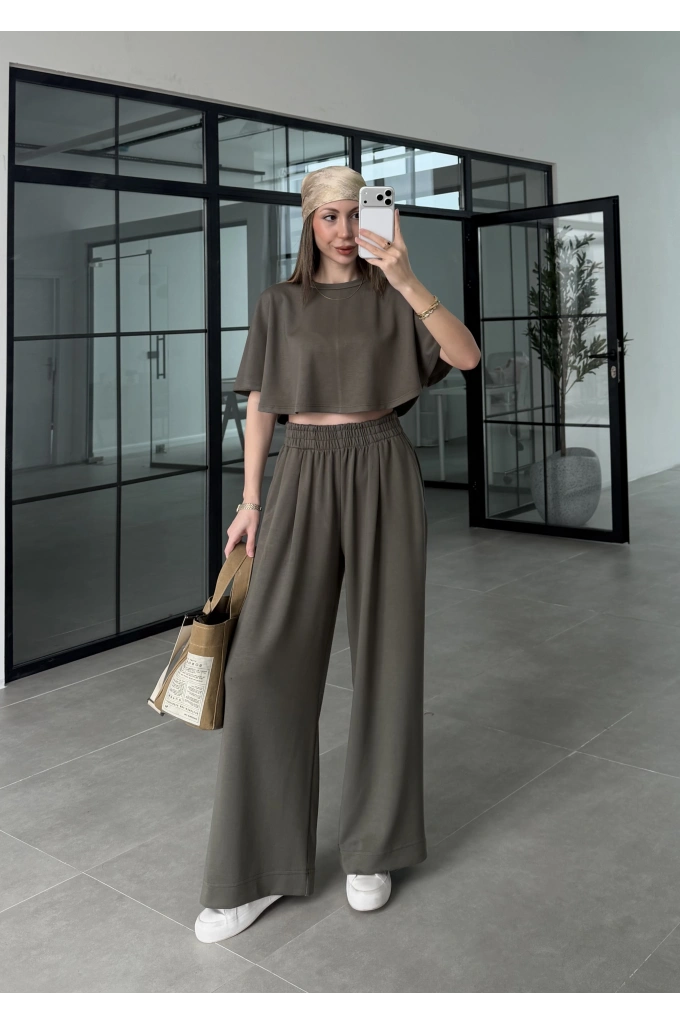 Oysh Modal Kumaş Beli Lastikli Haki Crop Takım