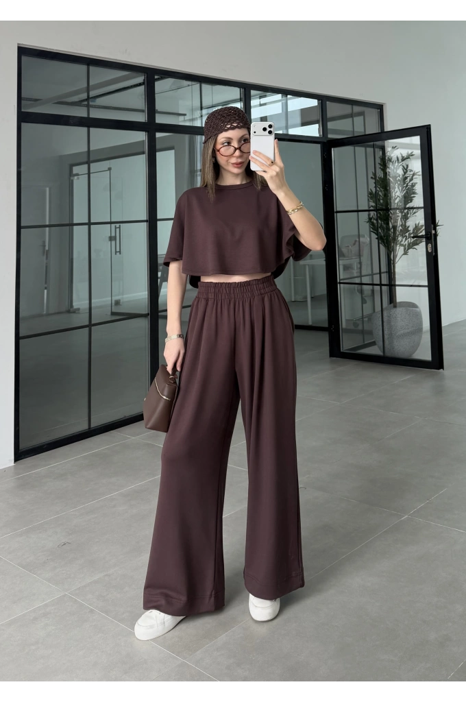 Oysh Modal Kumaş Beli Lastikli Kahve Crop Takım
