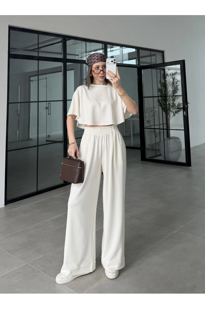 Oysh Modal Kumaş Beli Lastikli Beyaz Crop Takım