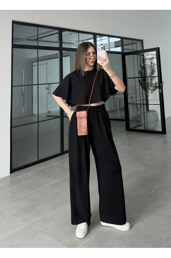 Oysh Modal Kumaş Beli Lastikli Siyah Crop Takım