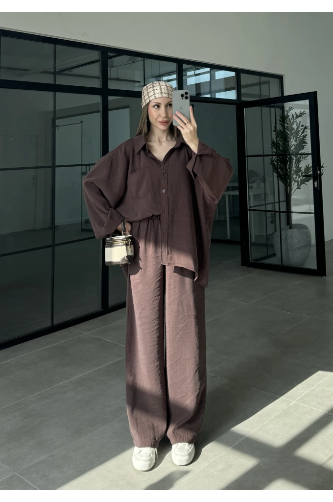 Fav Tensel Kumaş Oversize Kahve Palazzo Takım