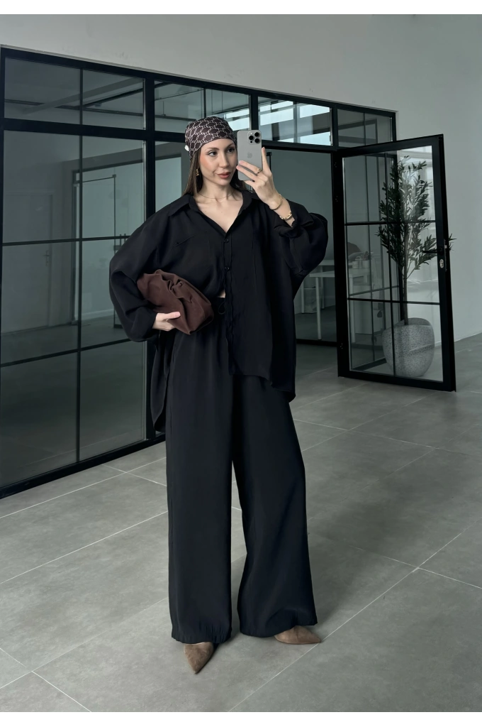 Fav Tensel Kumaş Oversize Siyah Palazzo Takım
