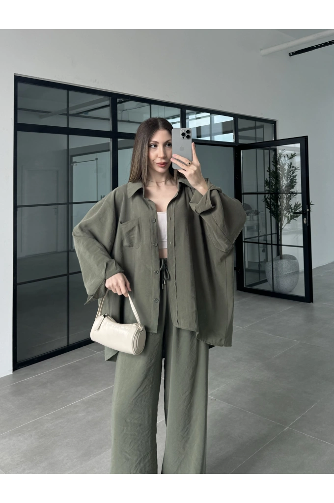 Fav Tensel Kumaş Oversize Haki Palazzo Takım