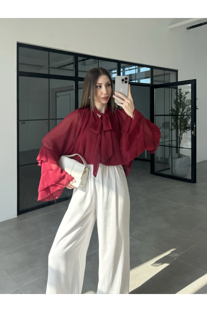 Loya Bağlamalı Bordo Şifon Bluz