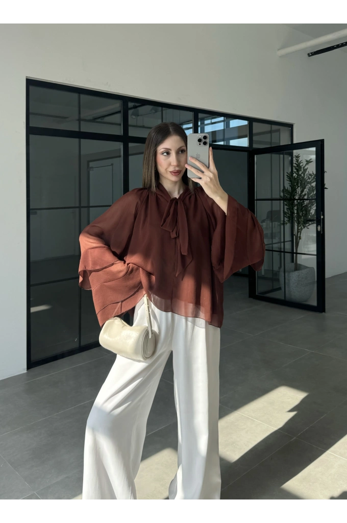 Loya Bağlamalı Kiremit Şifon Bluz