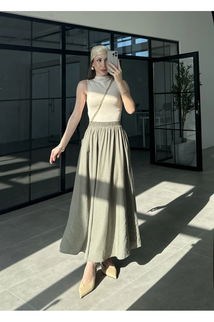 Tensel Beli Lastikli Çağla Yeşili Kilos Etek