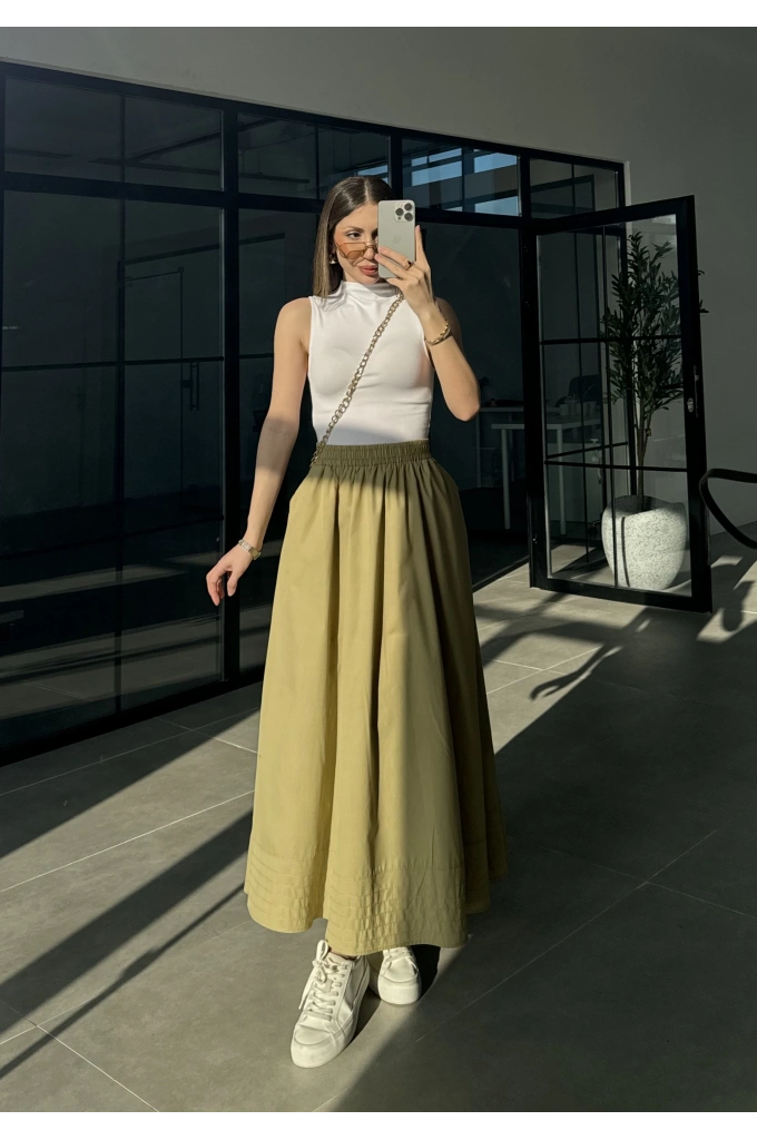 Poplin Kumaş Cepli Olive Etek