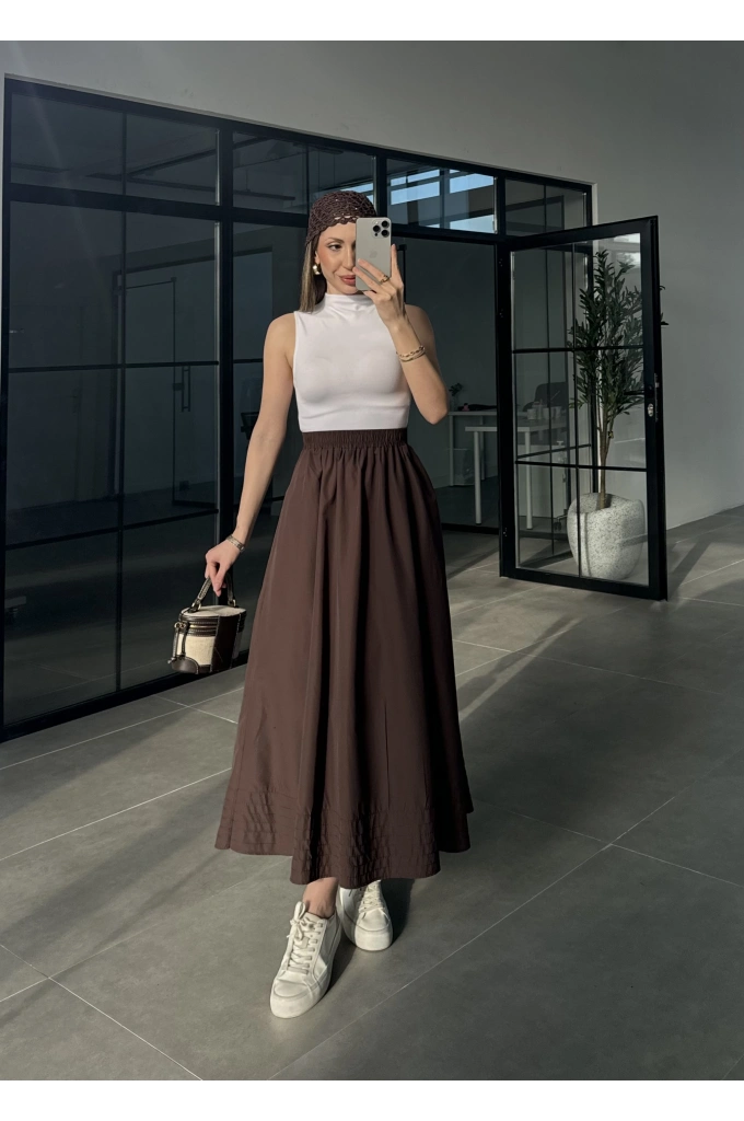 Poplin Kumaş Cepli Kahve Etek