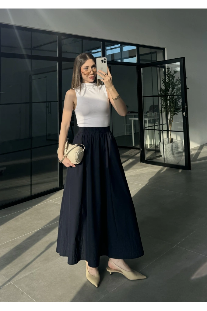 Poplin Kumaş Cepli Lacivert Etek