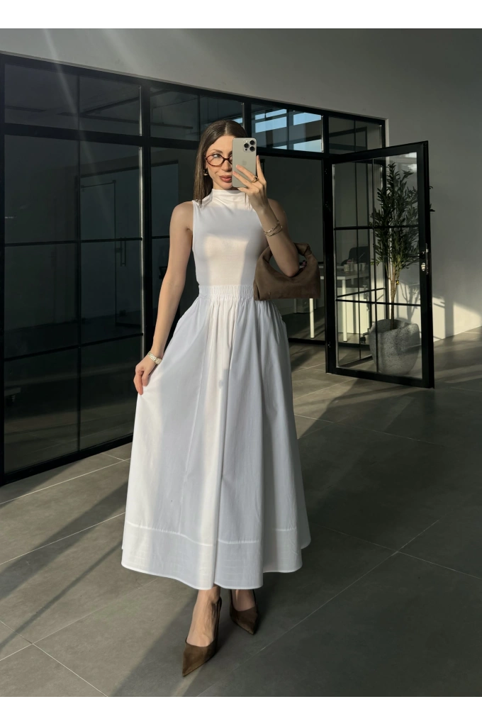 Poplin Kumaş Cepli Beyaz Etek