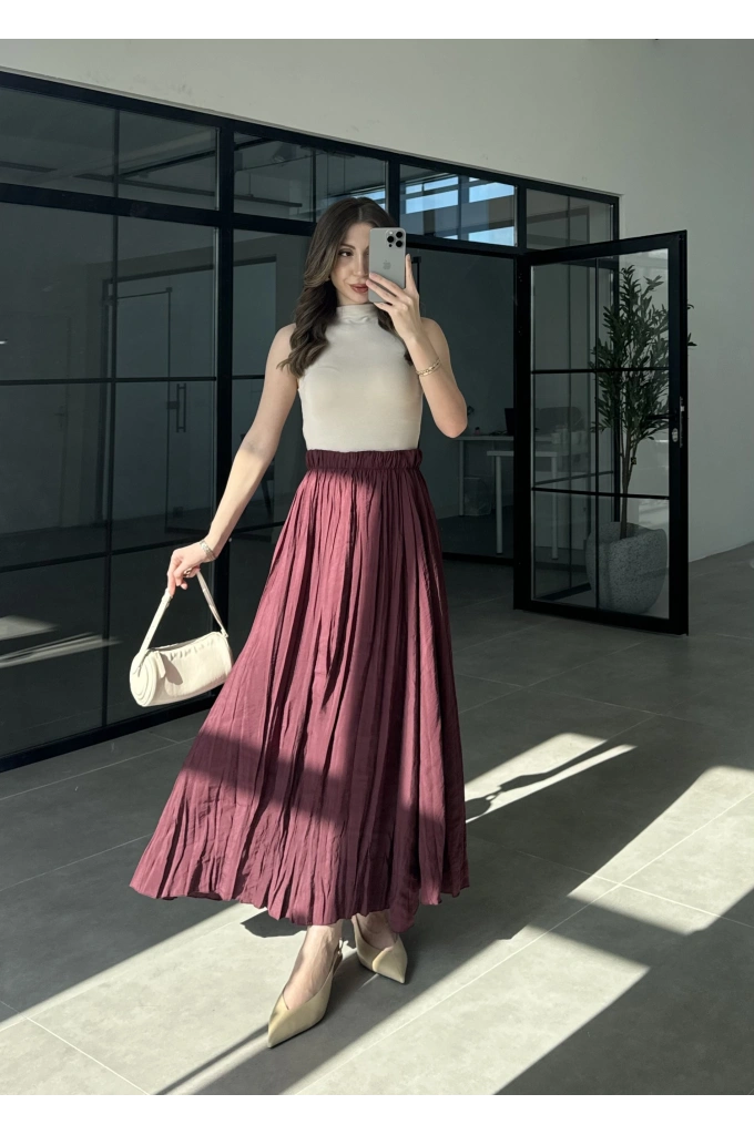 Beli Lastikli Bordo Tensel Kırışık Etek