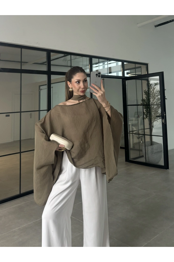 Fularlı Haki Pelerin Tül Bluz