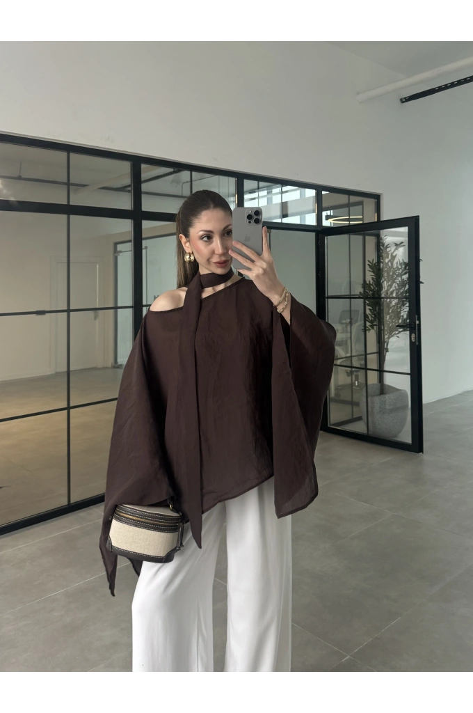Fularlı Kahve Pelerin Tül Bluz