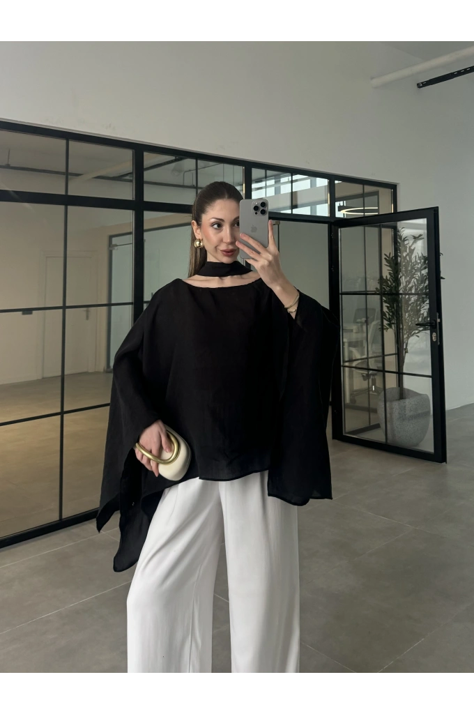 Fularlı Siyah Pelerin Tül Bluz