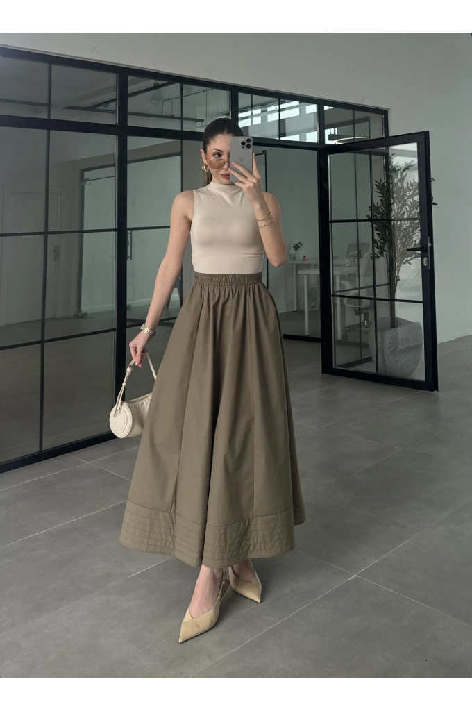 Poplin Kumaş Cepli Haki Etek