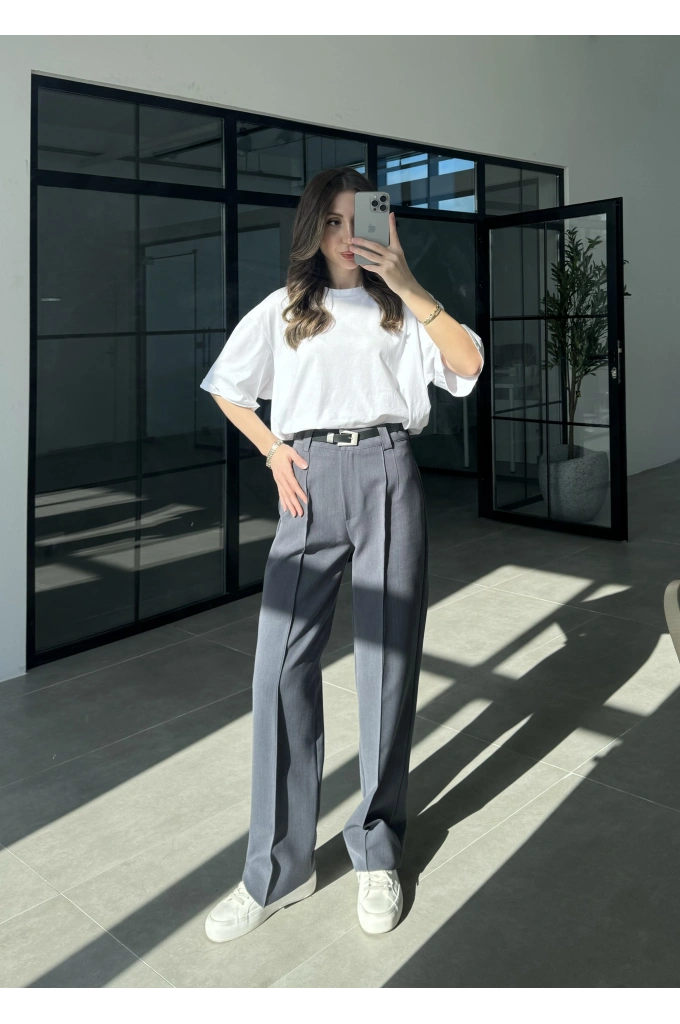 Pensli Nervür Dikişli Yüksekbel Antrasit Kumaş Pantolon