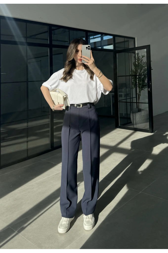 Pensli Nervür Dikişli Yüksekbel Lacivert Kumaş Pantolon