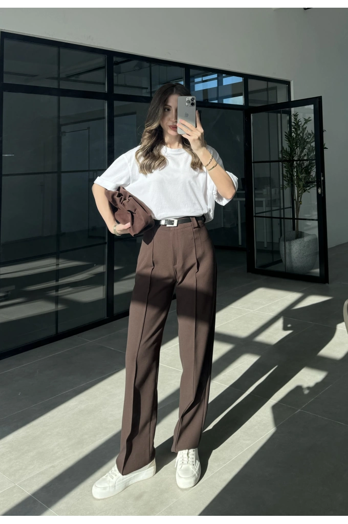 Pensli Nervür Dikişli Yüksekbel Kahve Kumaş Pantolon