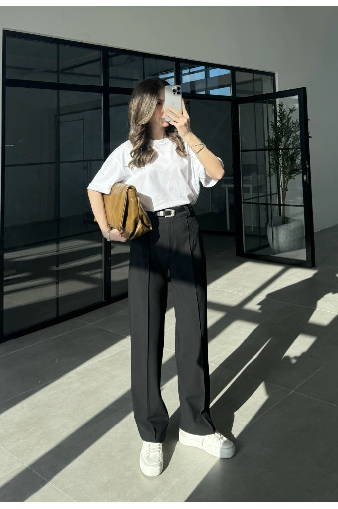 Pensli Nervür Dikişli Yüksekbel Siyah Kumaş Pantolon