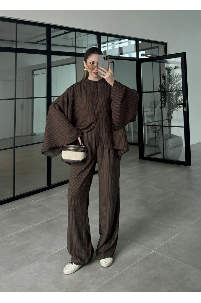 Yarasa Kol Oversize Çizgili Kahve Takım