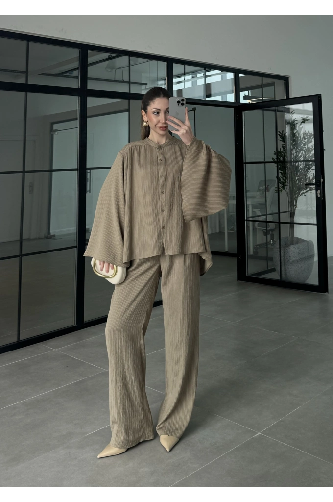 Yarasa Kol Oversize Çizgili Haki Takım