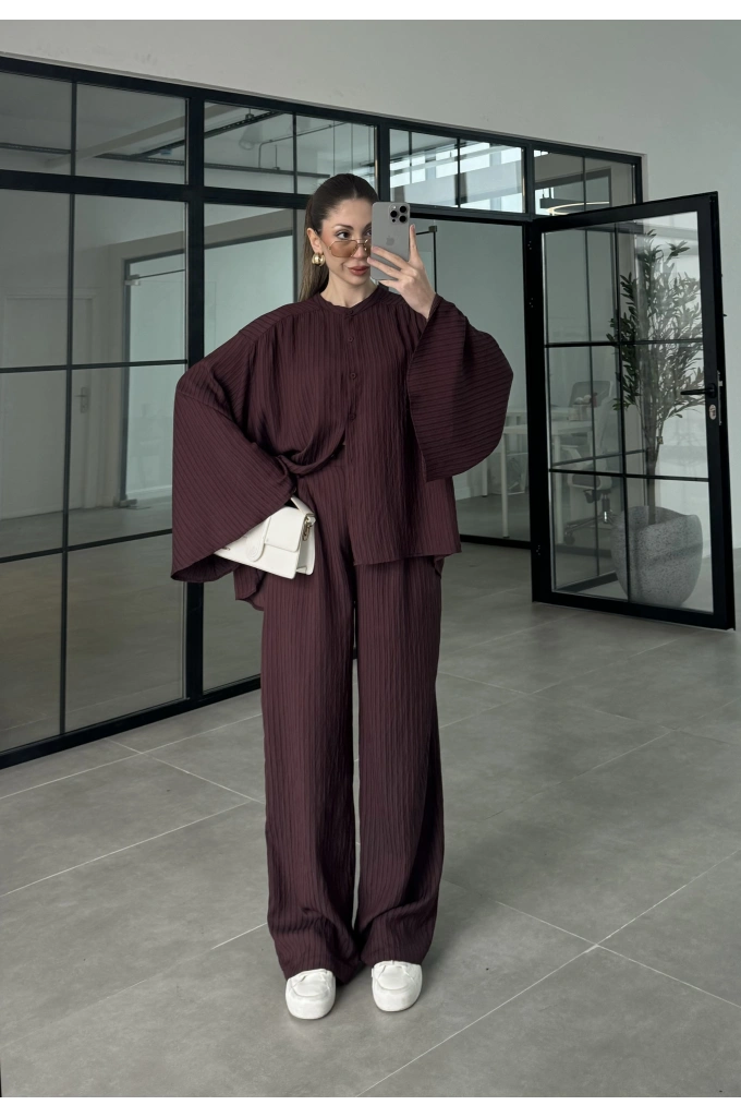 Yarasa Kol Oversize Çizgili Bordo Takım