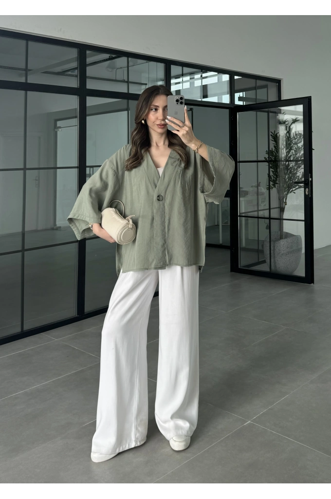 Sofi Tek Düğme Oversize Tensel Çağla Gömlek