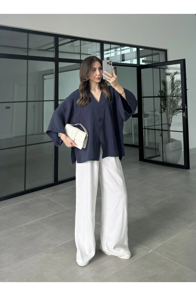 Sofi Tek Düğme Oversize Tensel Lacivert Gömlek