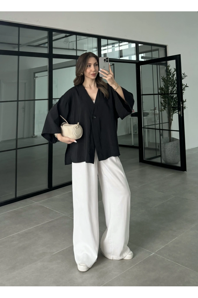 Sofi Tek Düğme Oversize Tensel Siyah Gömlek
