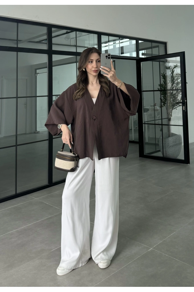 Sofi Tek Düğme Oversize Tensel Kahve Gömlek