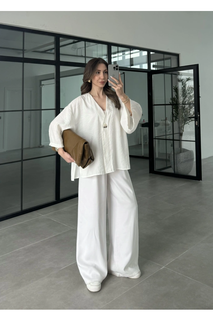 Sofi Tek Düğme Oversize Tensel Beyaz Gömlek
