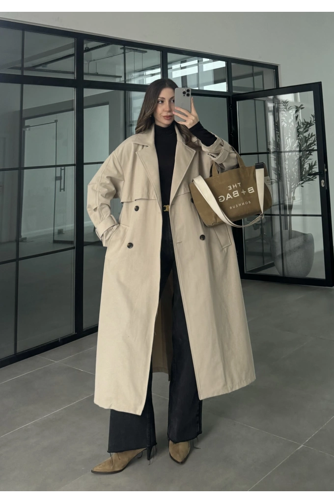 Cool Oversize Astarlı Premium Taş Kuşaklı Trençkot