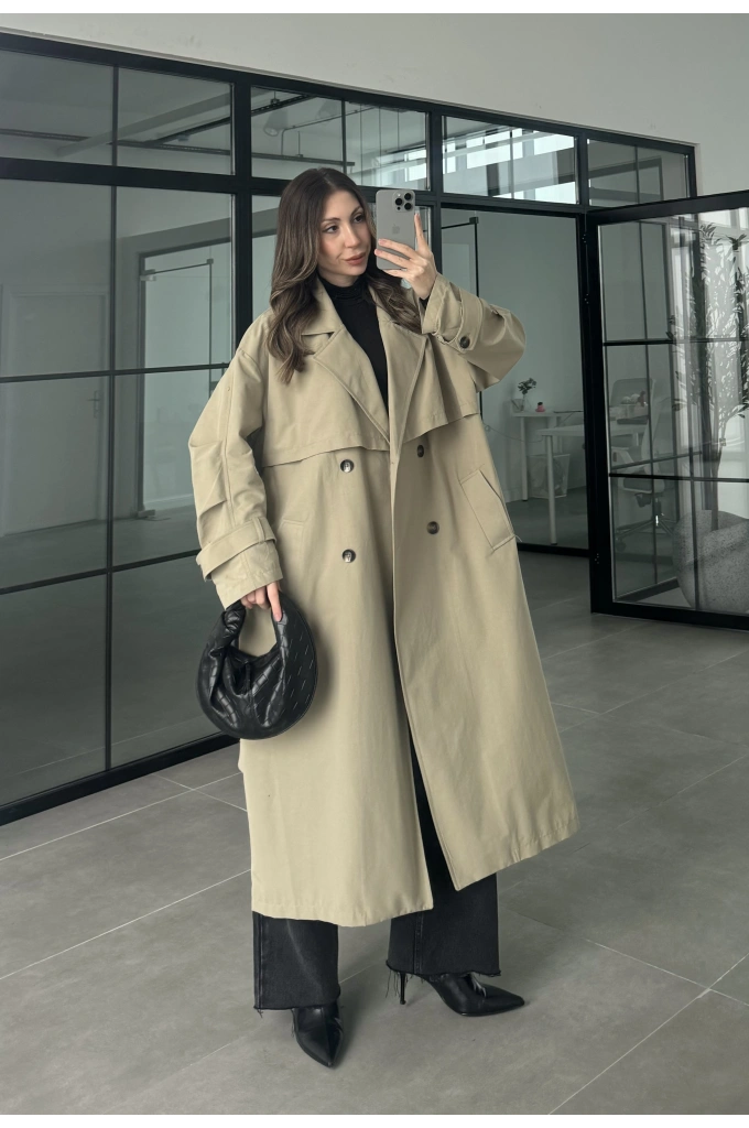 Cool Oversize Astarlı Premium Yeşil Kuşaklı Trençkot