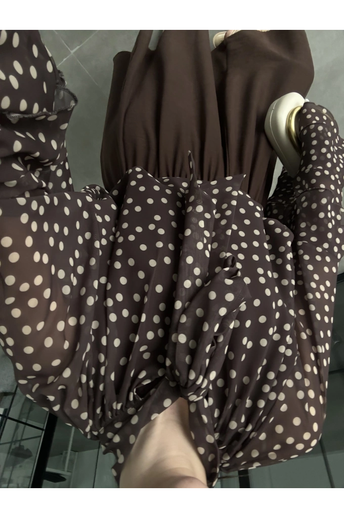 Kahve Puantiyeli Önü Bağlamalı Şifon Bluz