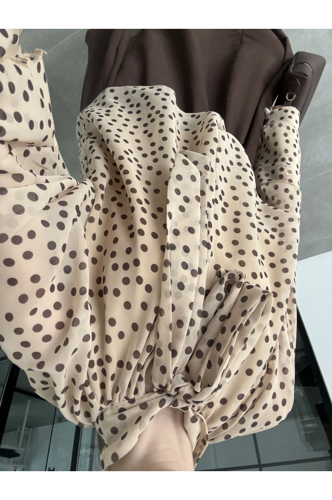 Tereyağ Sarısı Puantiyeli Önü Bağlamalı Şifon Bluz