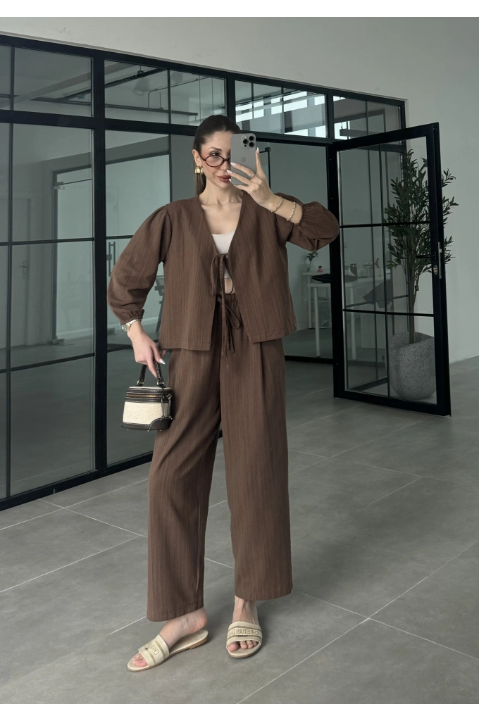 Diana Önü Bağlamalı Kısa Keten Kahve Kimono Takım