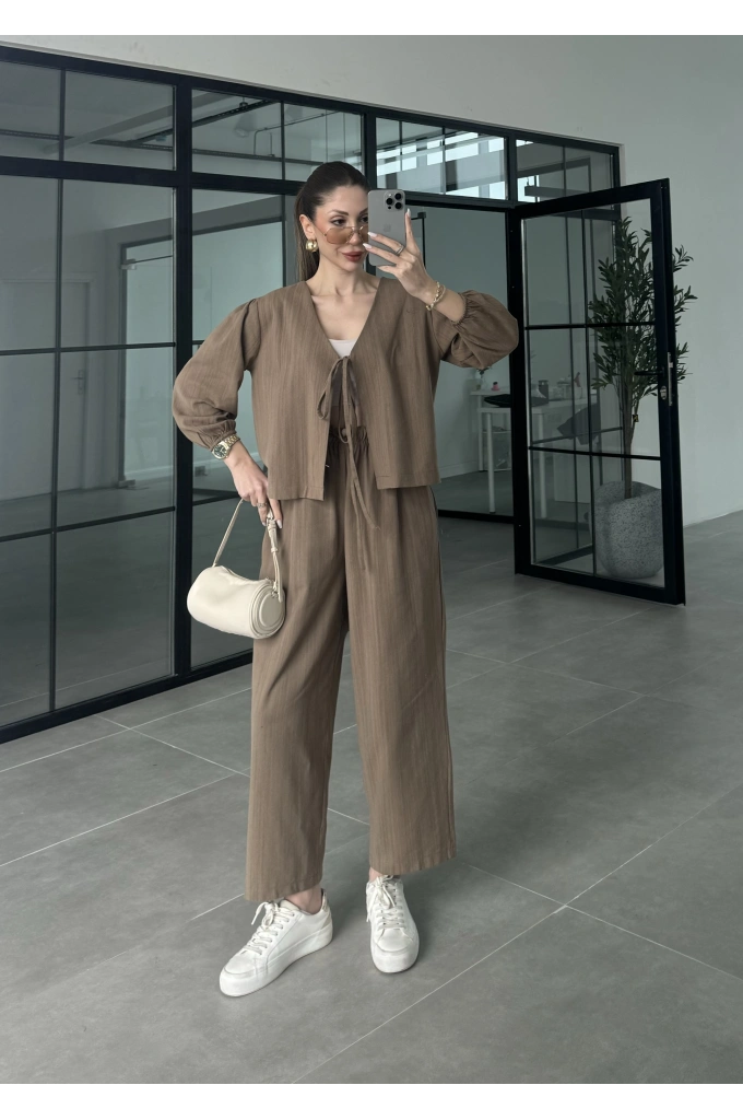 Diana Önü Bağlamalı Kısa Keten Vizon Kimono Takım