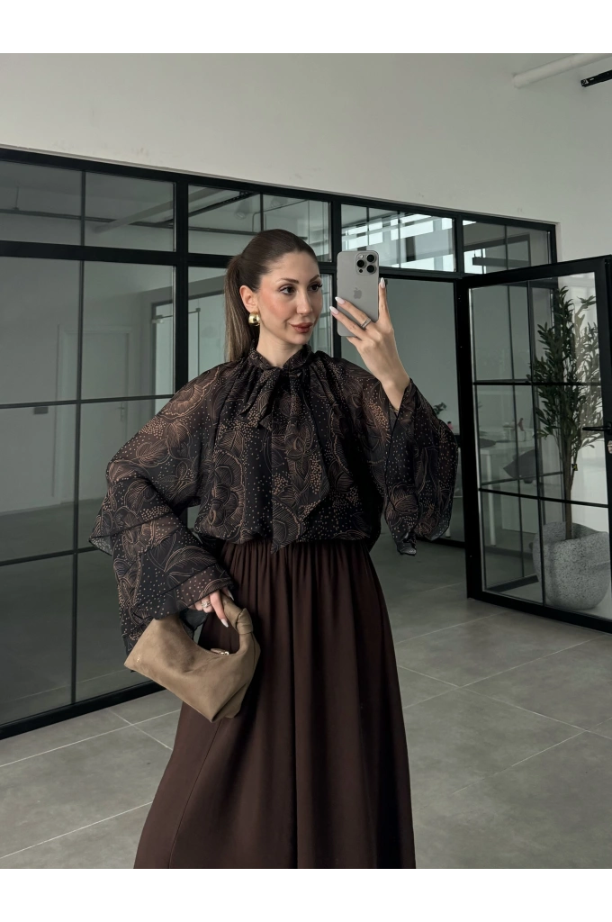 Ruffle Vintage Önü Bağlamalı Şifon Bluz