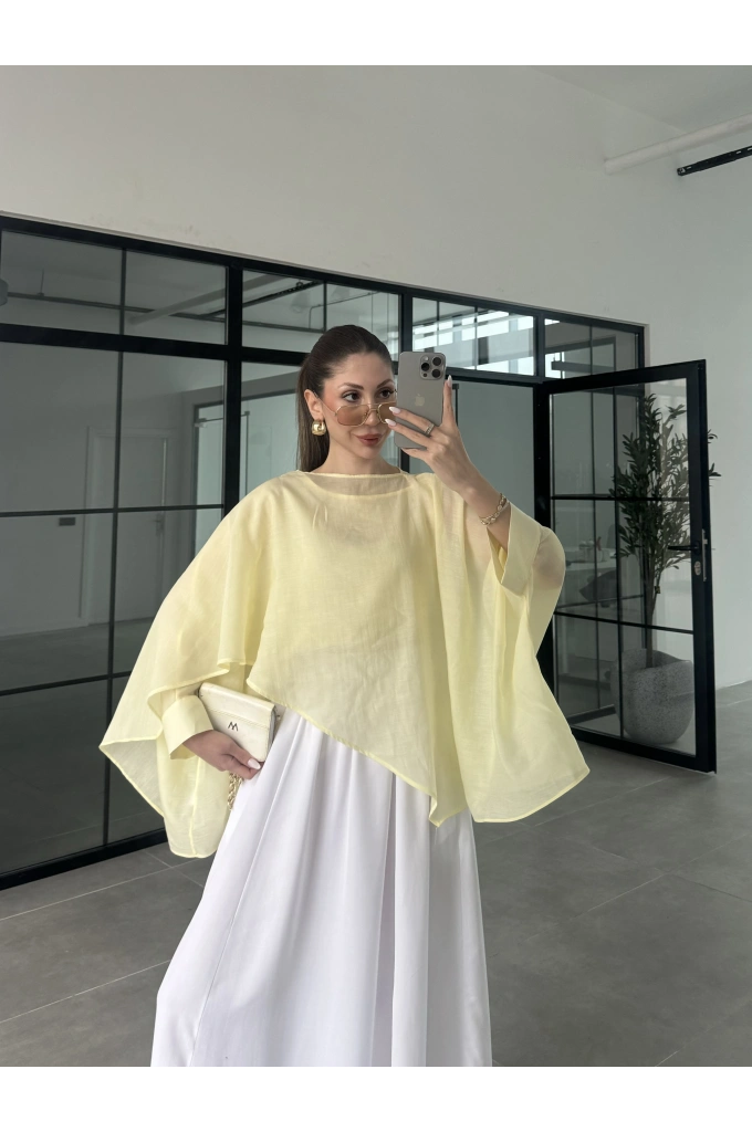 Uçuşan Pelerin Sarı Tül Bluz