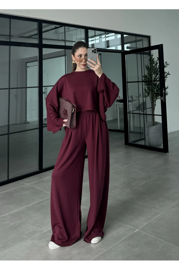 Modal Kumaş Yarasakol Oversize Bordo Takım