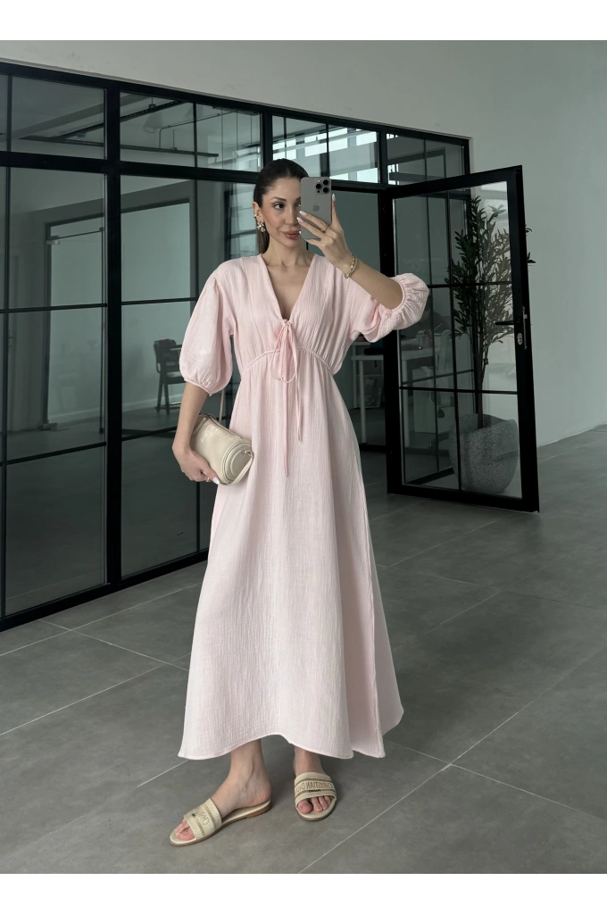 Önü Bağlamalı Uzun Müslin Pembe Elbise