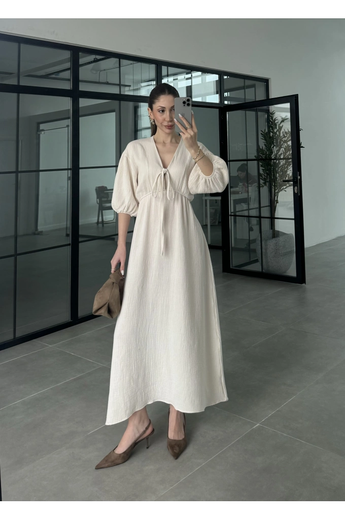 Önü Bağlamalı Uzun Müslin Taş Elbise