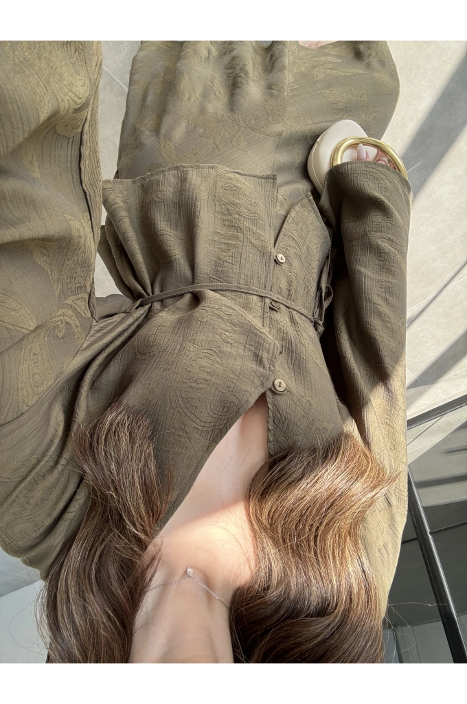 İthal Kumaş Kuşaklı Etekli Haki Takım