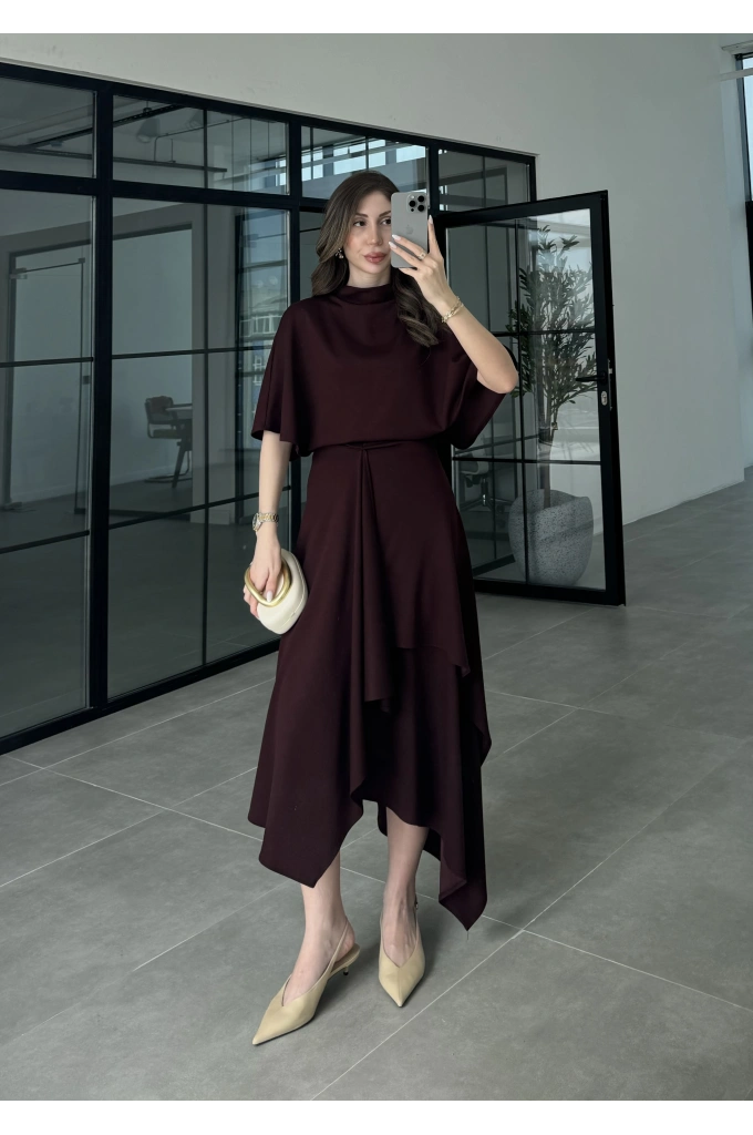 Oysh Modal Kumaş Asimetrik Bordo Etekli Takım