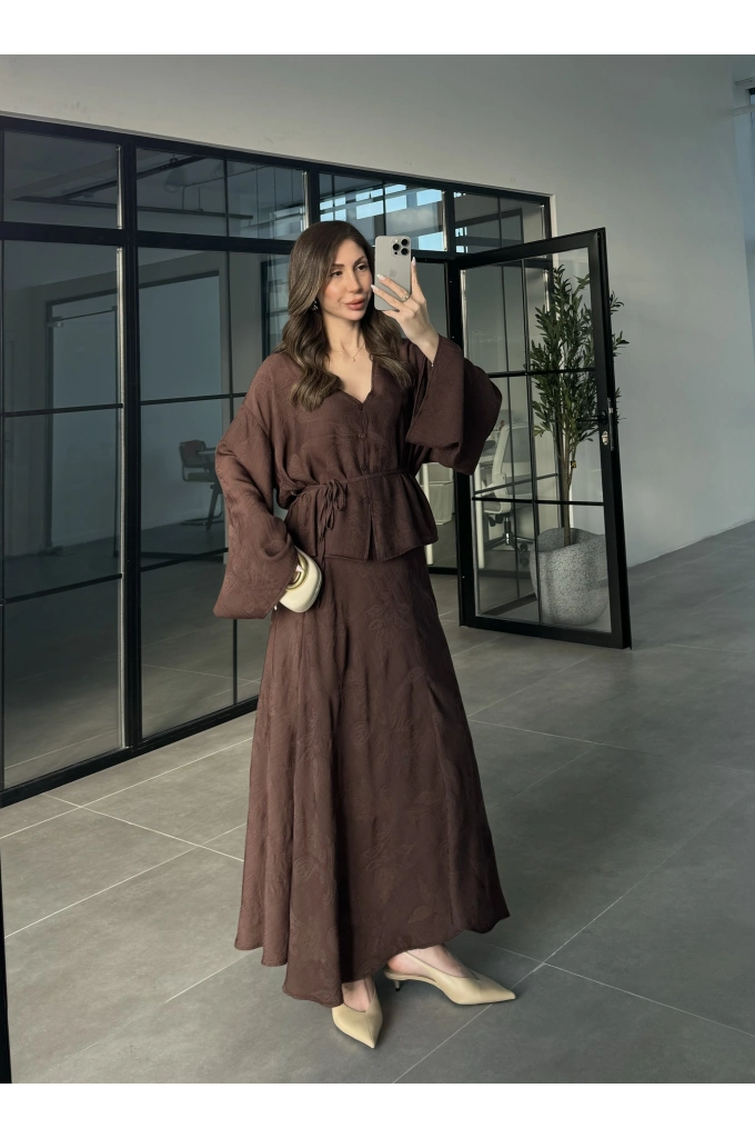 İthal Kumaş Kuşaklı Etekli Kahve Takım