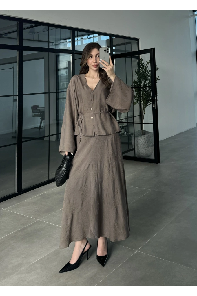 İthal Kumaş Kuşaklı Etekli Duman Takım