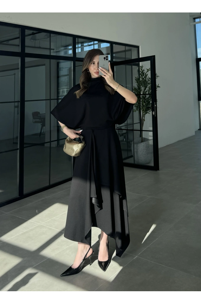 Oysh Modal Kumaş Asimetrik Siyah Etekli Takım