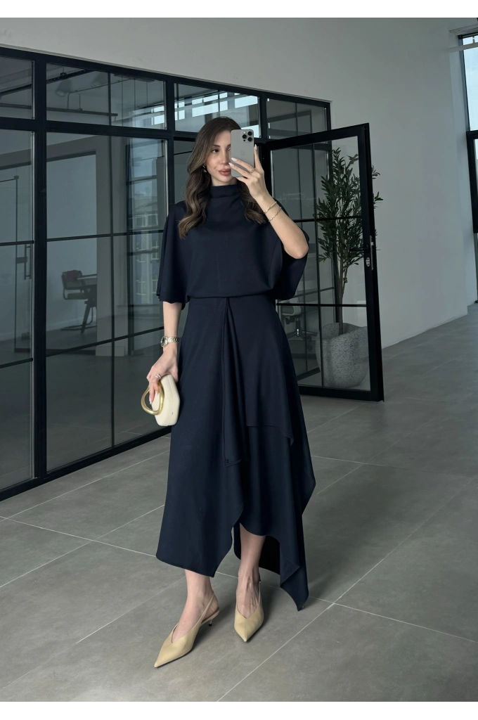 Oysh Modal Kumaş Asimetrik Lacivert Etekli Takım