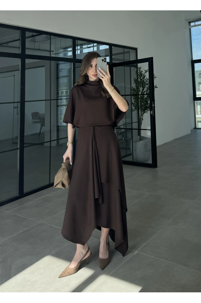 Oysh Modal Kumaş Asimetrik Kahve Etekli Takım