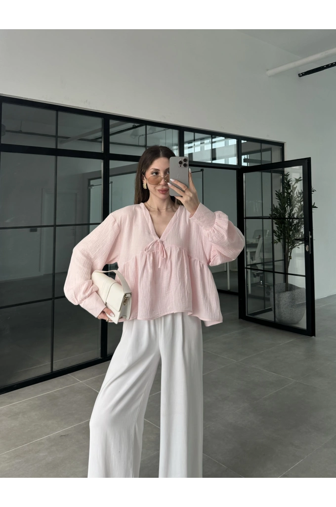 Müslin Kumaş Önü Bağcıklı Pembe Bluz